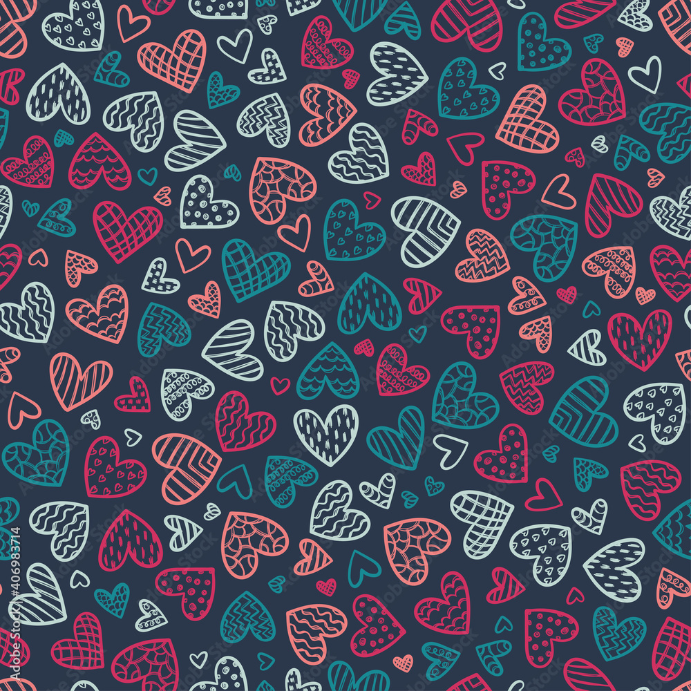 Fun hand drawn seamless pattern, colorful doodle hearts background, great for banners, wallpapers, textiles - vector design