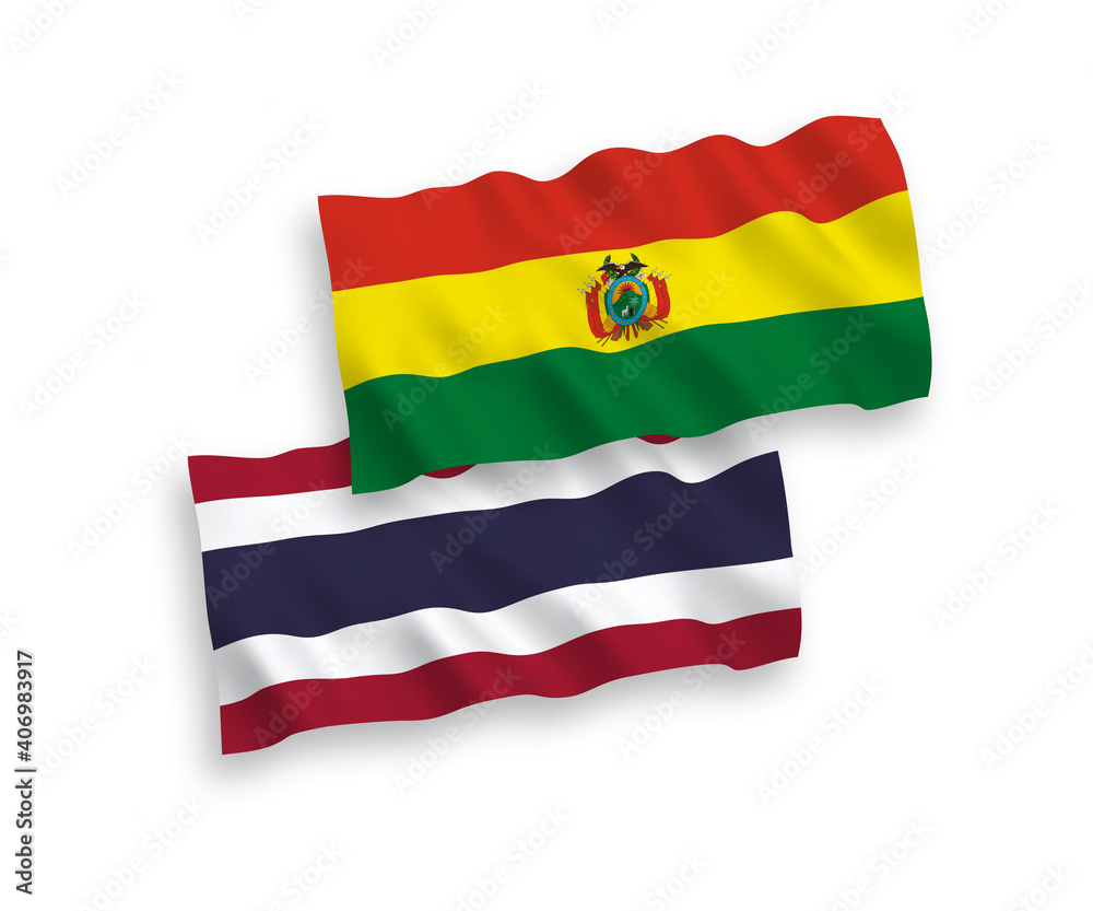 Obraz premium National vector fabric wave flags of Bolivia and Thailand isolated on white background. 1 to 2 proportion.