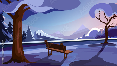 Winter park on background of forest and mountains. Beautiful nature scenery.
