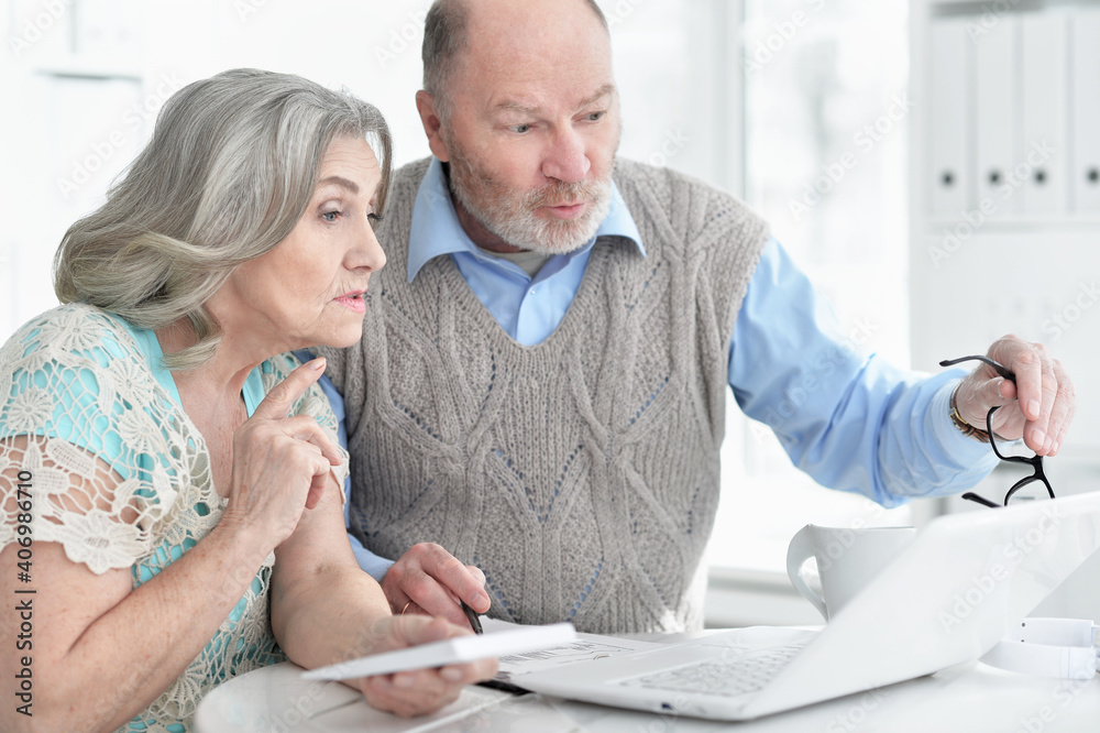 senior couple using laptop at home senior couple using laptop at home