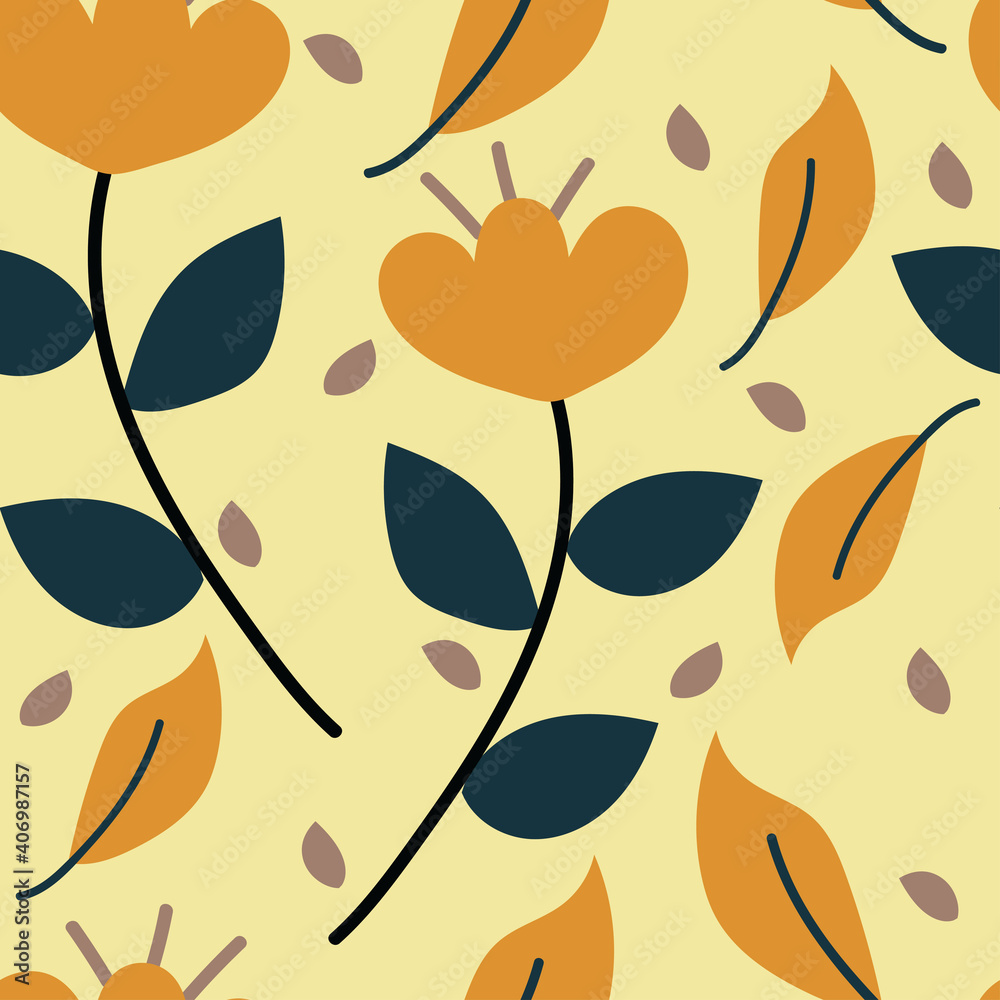 Seamless pattern with cute cartoon flowers and leaves for fabric print, textile, gift wrapping paper. colorful vector for kids, flat style Seamless pattern with cute cartoon flowers and leaves for fabric print, textile, gift wrapping paper. colorful vector for kids, flat style