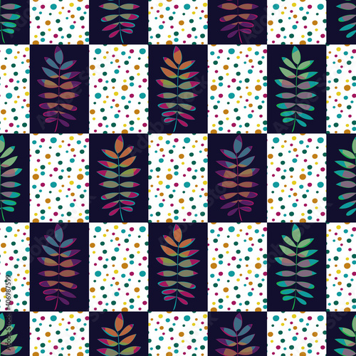 Vector Leaves in Green Pink Orange Purple Turquoise with Dots on Squares. Seamless Repeat Pattern. Background for textiles, cards, manufacturing, wallpapers, print, gift wrap and scrapbooking.