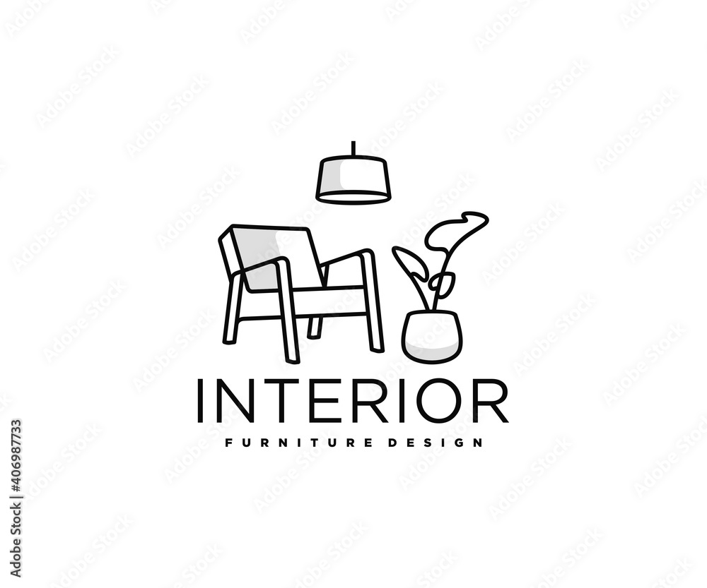 Minimalist living room interior with chair, indoor plant and home light logo design. Room with