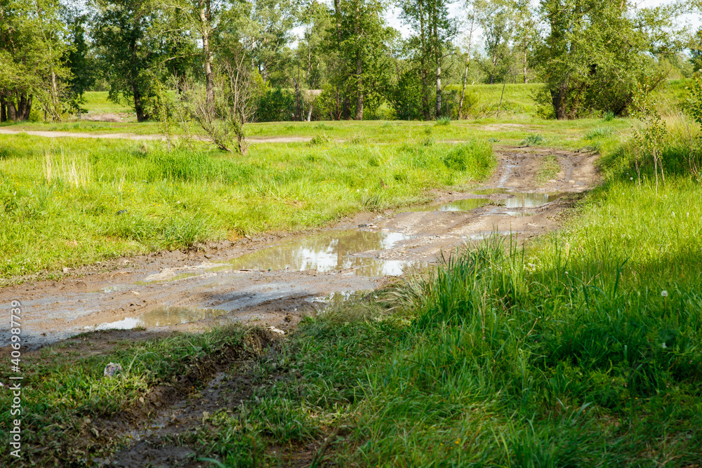 The harsh landscape nature and road through the fields for the off-road SUV with puddles and mud. Autumn or spring background. Forest in the background. Rain-washed road, is impassable, slush, mud The harsh landscape nature and road through the fields for the off-road SUV with puddles and mud. Autumn or spring background. Forest in the background. Rain-washed road, is impassable, slush, mud