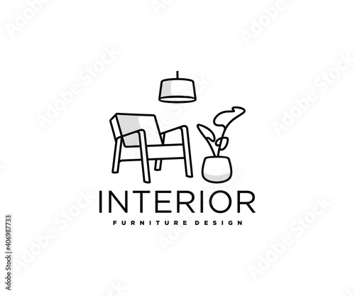 Minimalist living room interior with chair, indoor plant and home light logo design. Room with outline armchair, home decor vector design. Furniture design logotype