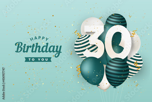 Happy 30th birthday with green balloons greeting card background. 30 years anniversary. 30th celebrating with confetti. Vector stock