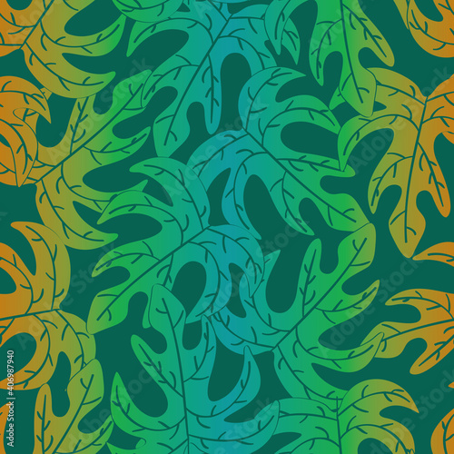 Vector Leaf Silhouettes in Green Orange Turquoise on Green Background. Seamless Repeat Pattern. Background for textiles, cards, manufacturing, wallpapers, print, gift wrap and scrapbooking.