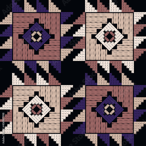 Navajo mosaic rug with traditional folk geometric pattern. Native American Indian blanket. Aztec elements. Seamless background. Vector illustration for web design or print.