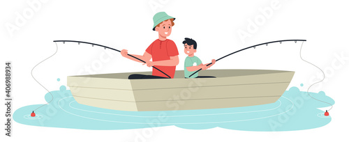 Father and son fishing from boat. Flat design illustration. Vector