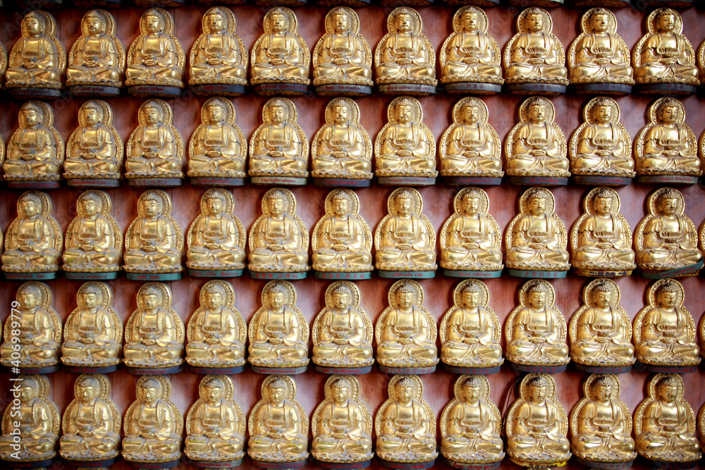 Numerous golden Buddha statues are placed neatly on the wall.