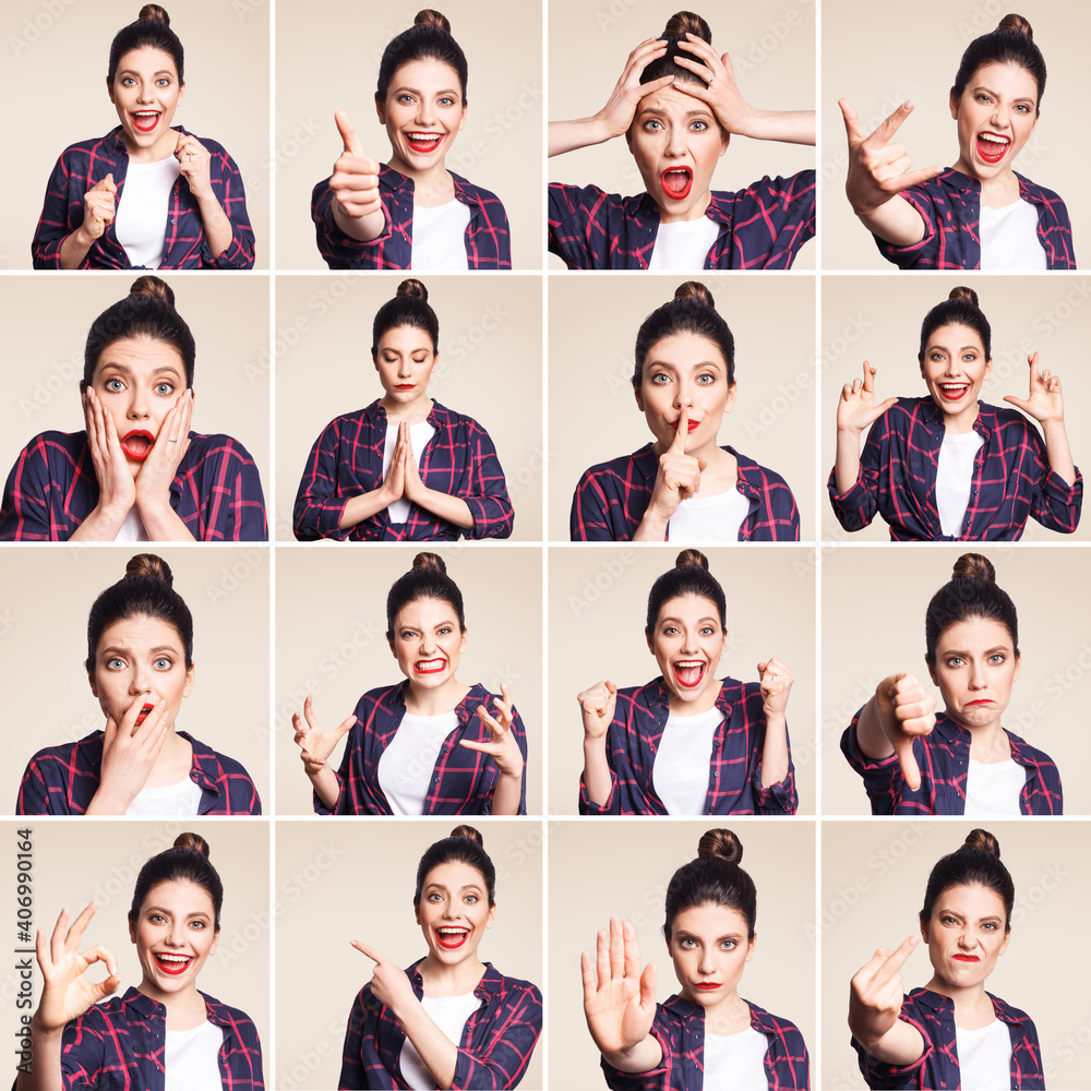 Collage of different facial expressions of beautiful young woman in casual style with red lips and hair bun. emotions and feelings concept. indoor studio shot, isolated on beige background. Collage of different facial expressions of beautiful young woman in casual style with red lips and hair bun. emotions and feelings concept. indoor studio shot, isolated on beige background.