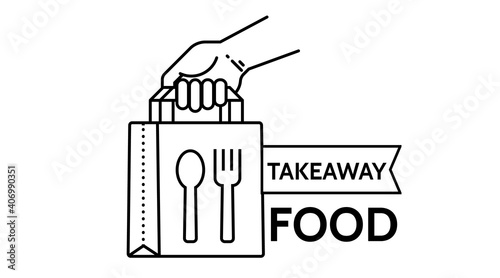 Food delivery paper bag hand icon. lunch linear style sign for mobile concept and web design. Take away fast food simple line vector . Symbol fork and spoon, logo illustration graphics.