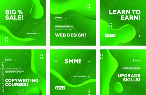 Set of Editable Green Fluid square banner template. Endless Feed. Gradient Abstract Liquid Background. Social media, internet ads, sale marketing promo. Vector 10 EPS