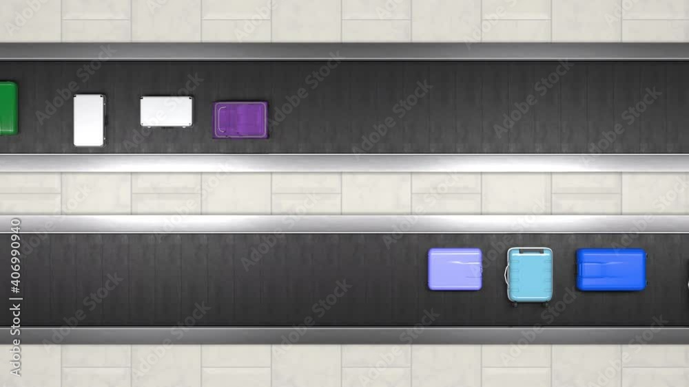 Two baggage conveyor belts in baggage claim area in airport arrival zone as seen by ceiling camera. Many colored tourist bags traveling on luggage belt in opposite direction.