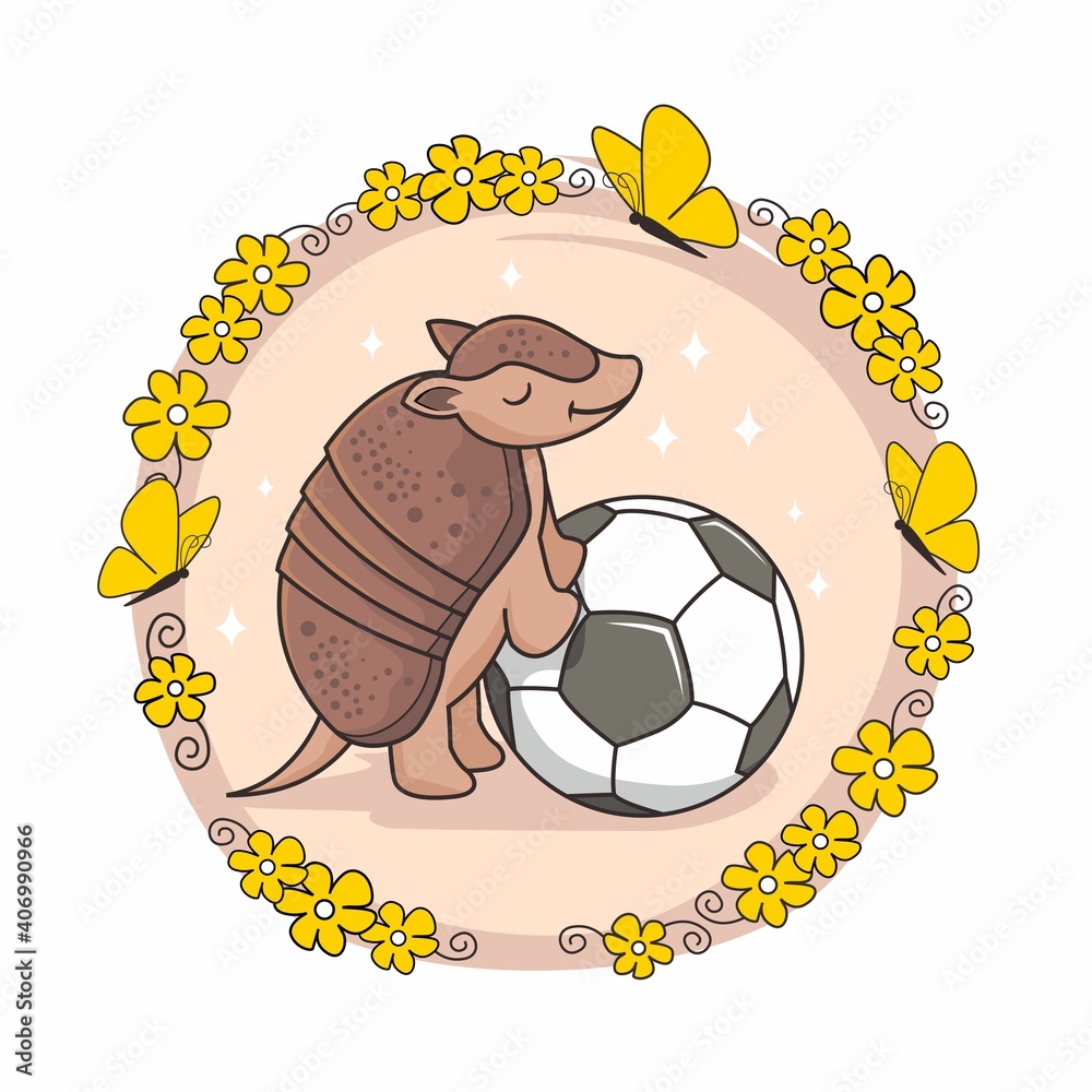 Cute Armadillo Cartoon Ball Football Flowers Stock Vector