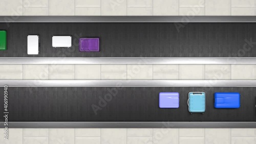 Two baggage conveyor belts in baggage claim area in airport arrival zone as seen by ceiling camera. Many colored tourist bags traveling on luggage belt in opposite direction.