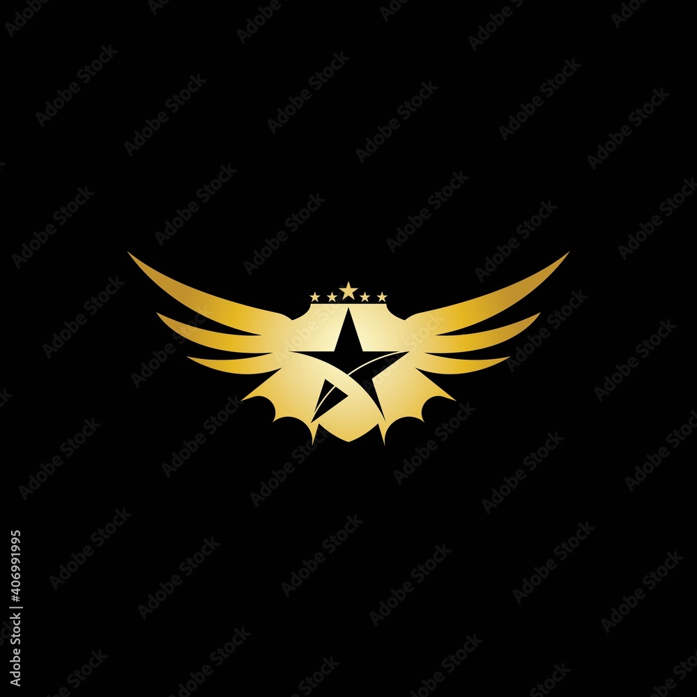 Fototapeta premium Gold Winged Shield with Star in the middle Logo Vector in Elegant Style with Black Background