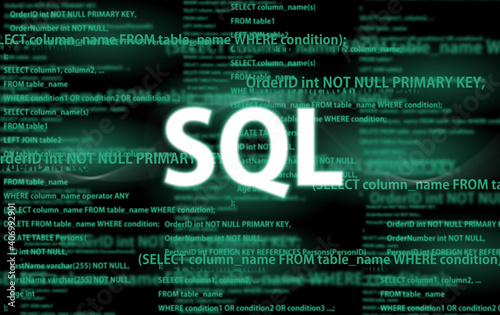 SQL code on dark background and word SQL. SQL programing language photo