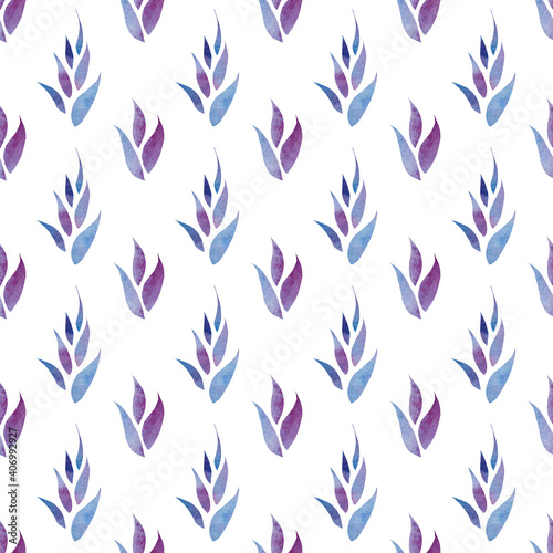 Watercolor pattern with blue flowers and branches on a white background. Seamless pattern for textiles and paper.
