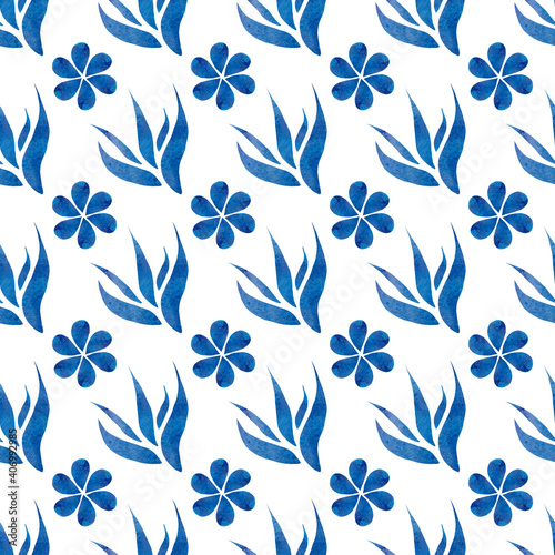 Watercolor pattern with blue flowers and branches on a white background. Seamless pattern for textiles and paper.