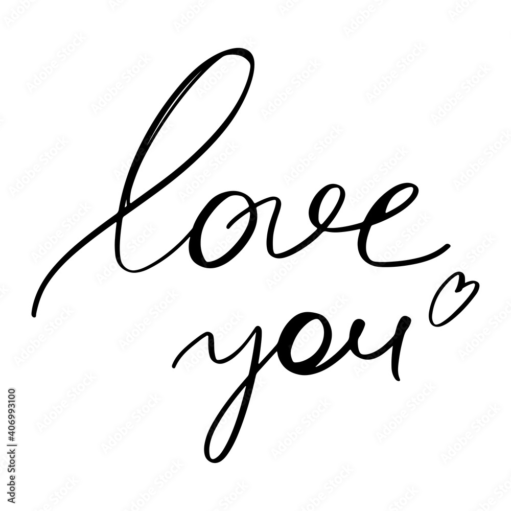 Obraz premium Kawaii cute simple hand lettering black love you with heart. Contour doodle line isolate vector. Print for tattoo, poster, postcard, invitation, sticker, holiday, valentine's day