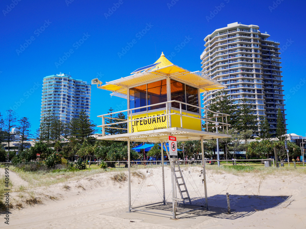 Lifeguard tower No.3 located at Coolangatta along the Gold Coast. Popular with surfers and swimmers the ocean is very dangerous along the coast requiring the need for professional lifeguards. Lifeguard tower No.3 located at Coolangatta along the Gold Coast. Popular with surfers and swimmers the ocean is very dangerous along the coast requiring the need for professional lifeguards.