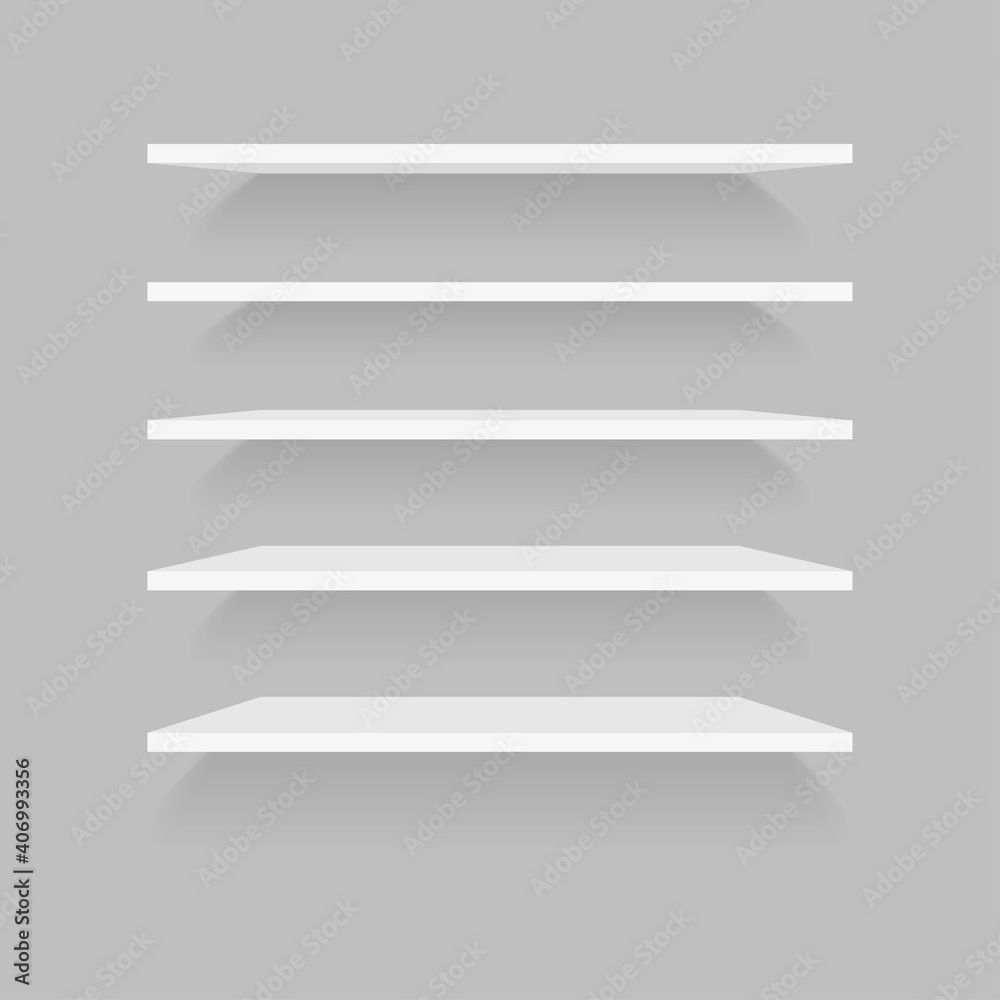 Set of plastic shelves with shadow on the wall background. Modern, rectangular, horizontal wall furniture template. Shelf icon.