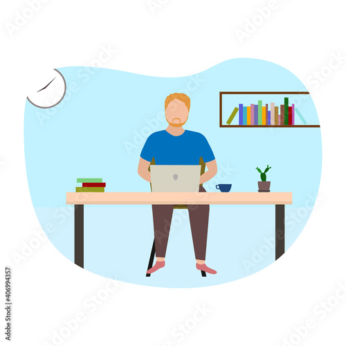 Freelancer man working remotely with computer laptop at home. Vector and illustration design.
