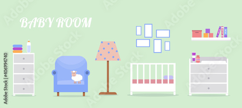 Newborn room interior. Children's room for a boy or girl. Newborn baby room elements set. Cute vector illustration in flat style.
