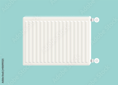 Heating radiator. Metal radiator for heating systems. Modern design style. Realistic white steel panel heating radiator on blue background. Illustration device.