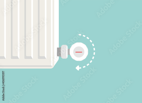 Heating radiator. Metal radiator for heating systems. Flat design style. Realistic heating radiator temperature drop with temperature button in zoom vector. To the right, the temperature decreases.