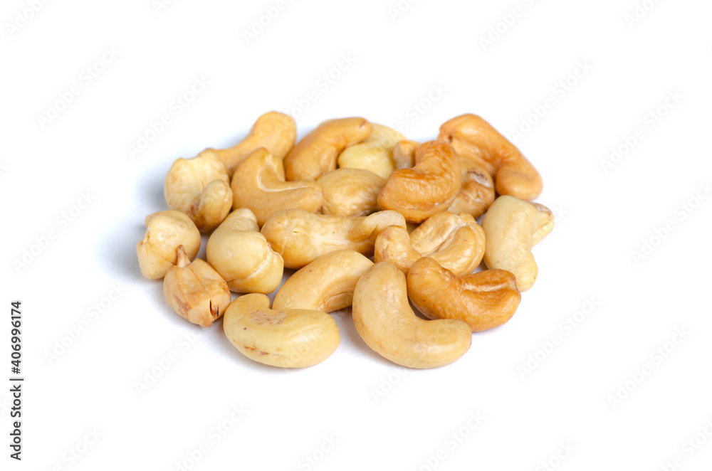 Roasted cashew nuts on white background isolation Roasted cashew nuts on white background isolation
