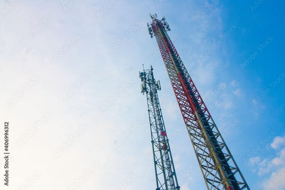 antenna Tower upward of Communication Radio antenna tower on blue sky and white space for text background antenna Tower upward of Communication Radio antenna tower on blue sky and white space for text background