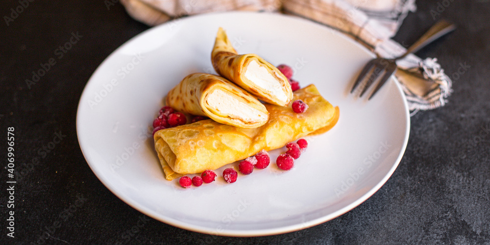 pancakes flapjack thin cake curd filling crepe cottage cheese ricotta Pancake week sweet dessert vanilla cream on the table for meal snack outdoor top view copy space for text food background