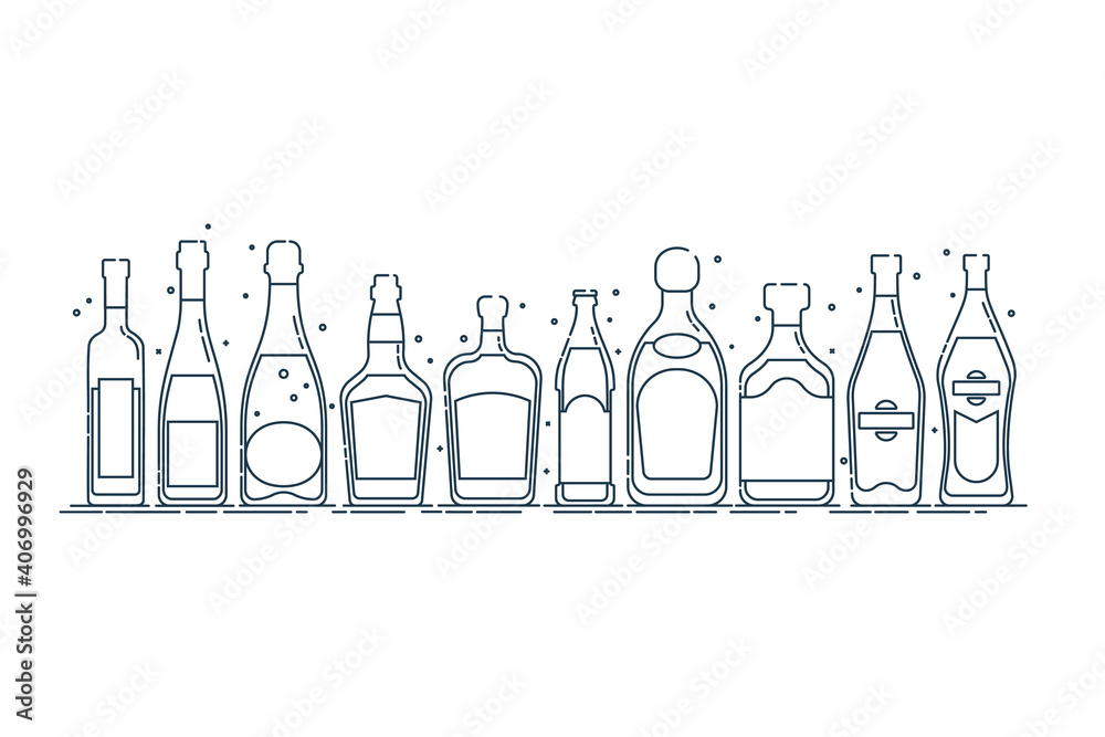 Collection bottle alcoholic drinks. Alcohol container stand in row. Illustration isolated. Flat design style. Beer champagne red wine liquor vodka martini vermouth whiskey rum tequila Collection bottle alcoholic drinks. Alcohol container stand in row. Illustration isolated. Flat design style. Beer champagne red wine liquor vodka martini vermouth whiskey rum tequila