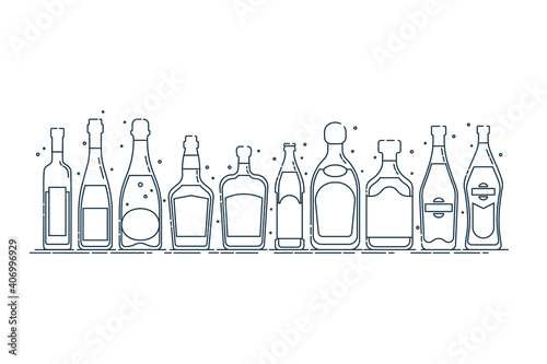 Collection bottle alcoholic drinks. Alcohol container stand in row. Illustration isolated. Flat design style. Beer champagne red wine liquor vodka martini vermouth whiskey rum tequila