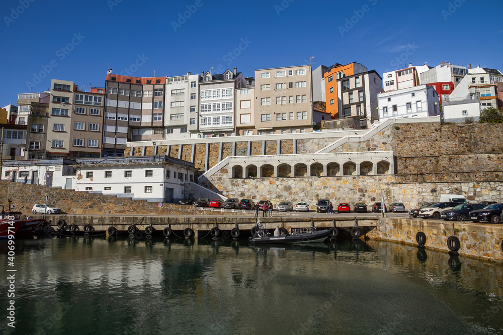 Partial view of the fishing and tourist town of Malpica in front of the port. Galicia. Spain