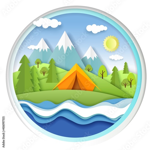 Tourist tent on river bank, forest and mountain landscape. Vector illustration in paper art craft style. Summer camping, hiking, trekking.