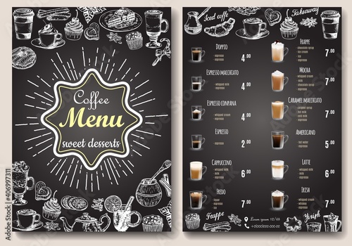 Coffee menu vector template. Front and back sides A4 paper format coffee menu price list, hand drawn design on chalkboard for cafe and restaurant.