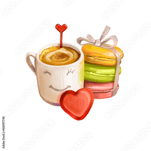 St. Valentine's day holiday greeting card with cup of coffee, macarons and heart shape chocolate candy. Digital art illustration of postcard on February 14, gift or present on romantic party.