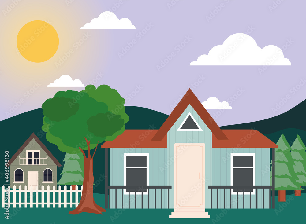 houses with tree and pines vector design