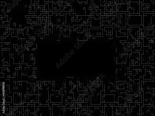 abstract technology background with squares. Stylish abstract image for creative design of layout. Black backdrop and light grey pattern. Cool modern art. Digital technology in dark textured material