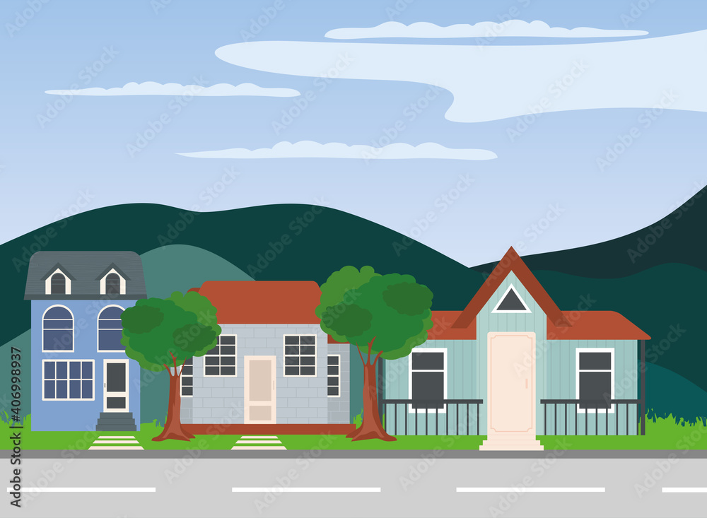 houses with trees in front of street vector design