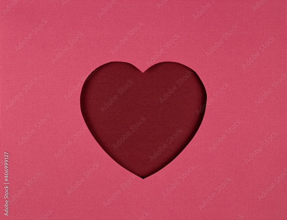 Cutted paper heart on red background, paper cut out art style. Valentine's Day card, paper cutting. Flat lay, top view, copy space. Valentine Day Paper Art
