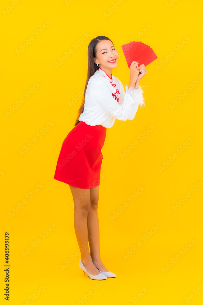 Portrait beautiful young asian woman with red envelopes letter Portrait beautiful young asian woman with red envelopes letter