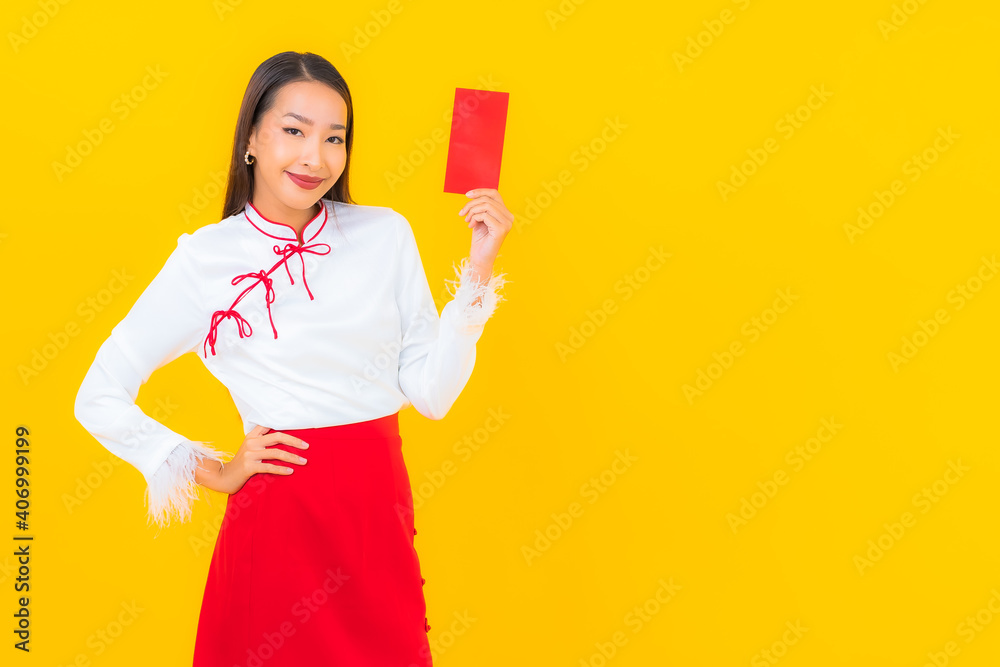 Portrait beautiful young asian woman with red envelopes letter Portrait beautiful young asian woman with red envelopes letter