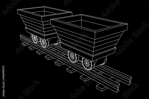 Trolley mine on rails. Wireframe low poly mesh vector illustration.