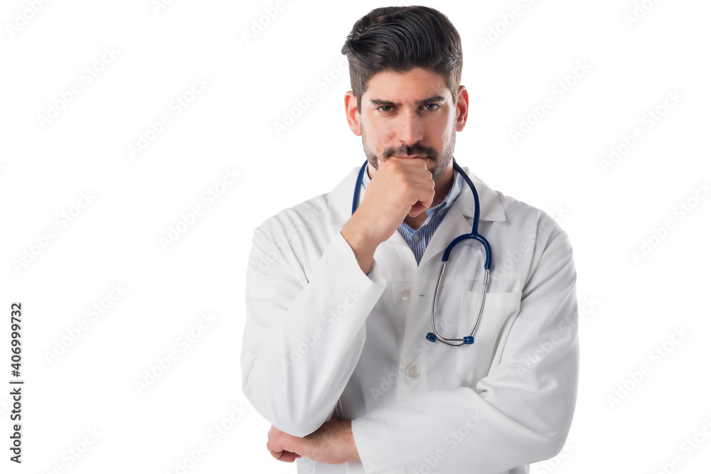 Thinking male doctor studio portrait while standing at isolated white background Thinking male doctor studio portrait while standing at isolated white background