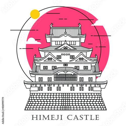 Flat icon vector illustration of a historic building castle in the Japan, Simple outline icon design cartoon landmark for praying vacation travel tourist attractions. Line art of Himeji Castle