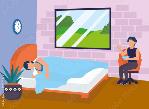 men sleeping and taking breakfast in home room vector design